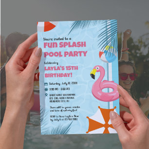 Pink & Blue Splash Pool Party Birthday Invitation