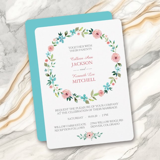 Pink Blue Spring Floral Wreath Wedding Invitation (Creator Uploaded)