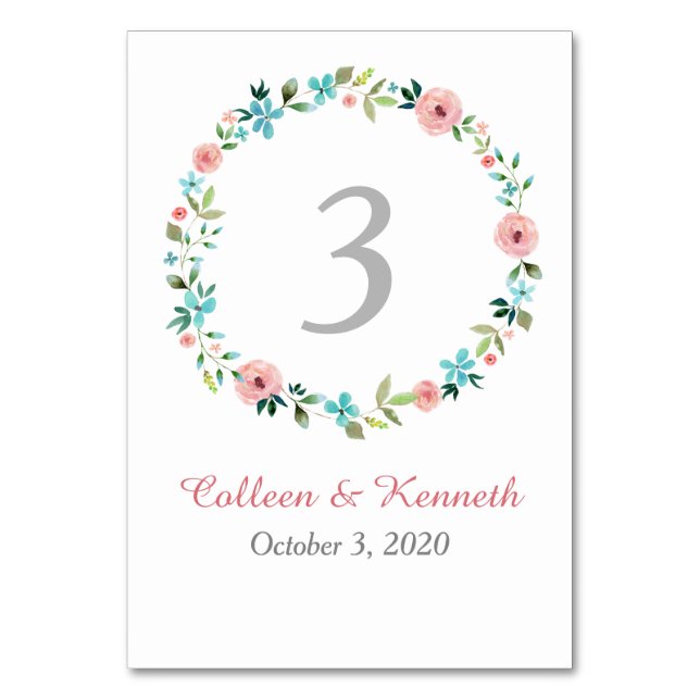 Pink Blue Spring Floral Wreath Wedding Table Number (Front)