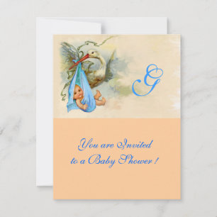 PINK BLUE STORK BABY BOY SHOWER MONOGRAM INVITATION