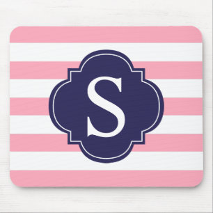 Pink Blue Stripes Monogram Mouse Pad