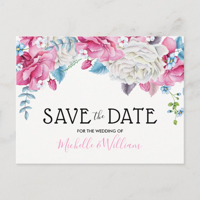Pink Blue Summer Floral Save the Date Announcement Postcard (Front)