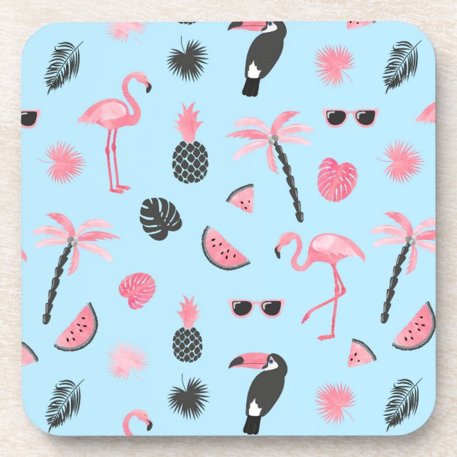 Pink & Blue Summer Tropical Pattern Coaster (Front)