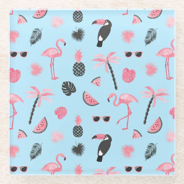 Pink & Blue Summer Tropical Pattern Glass Coaster (Front)