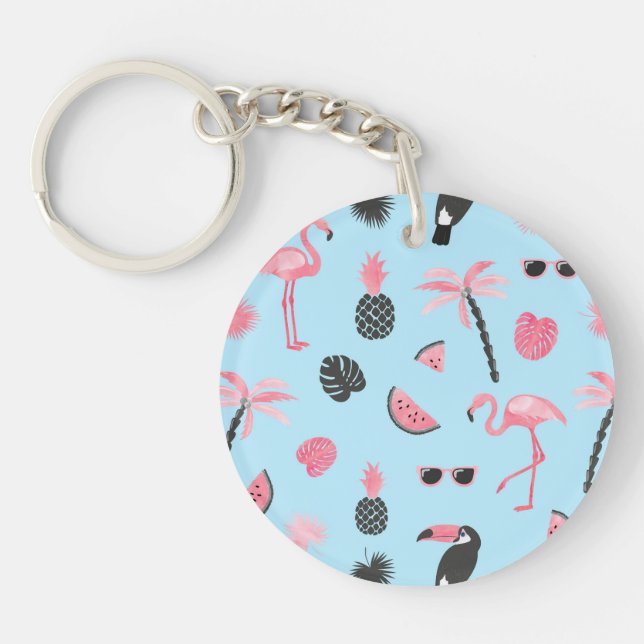 Pink & Blue Summer Tropical Pattern Key Ring (Front)