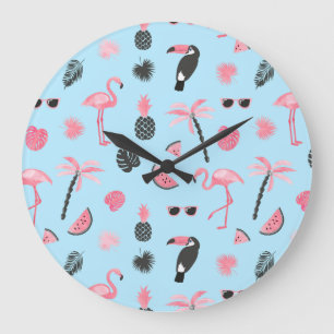 Pink & Blue Summer Tropical Pattern Large Clock