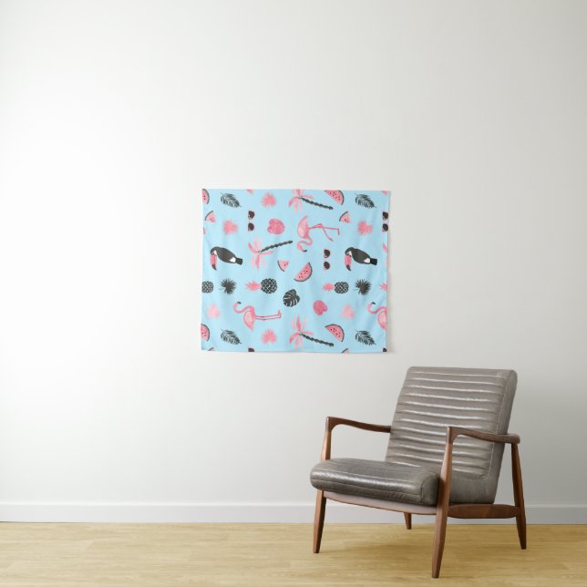 Pink & Blue Summer Tropical Pattern Tapestry (In Situ (Horizontal))