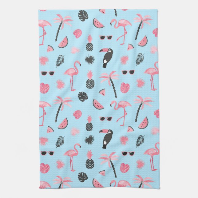 Pink & Blue Summer Tropical Pattern Tea Towel (Vertical)
