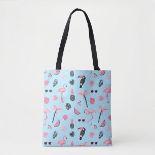 Pink & Blue Summer Tropical Pattern Tote Bag