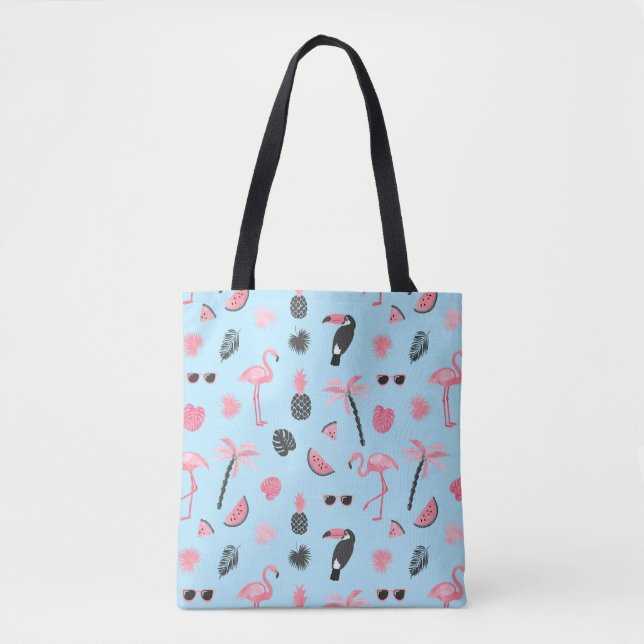 Pink & Blue Summer Tropical Pattern Tote Bag (Front)