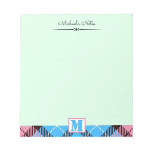 Pink Blue Tartan Personalised Script Monogram Name Notepad