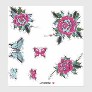 Pink Blue Tattoo Roses Butterflies