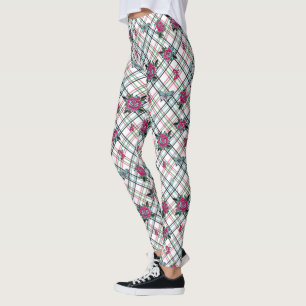 Pink Blue Tattoo Roses Butterflies Plaid Leggings