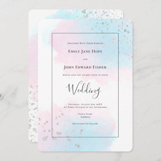 Pink Blue Teal Watercolor Silver Confetti Wedding Invitation (Front/Back)
