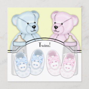 Pink Blue Teddy Bear Twin Baby Shower Invitation