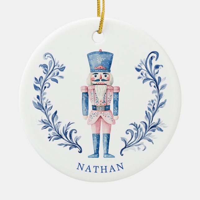 Pink & Blue Toile Crest Nutcracker Ceramic Ornament (Front)