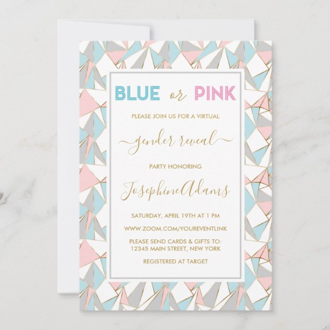 Pink Blue Triangle Pattern Virtual Gender Reveal Invitation (Front)
