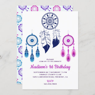 Pink Blue Tribal Boho Dream Catcher Birthday Party Invitation