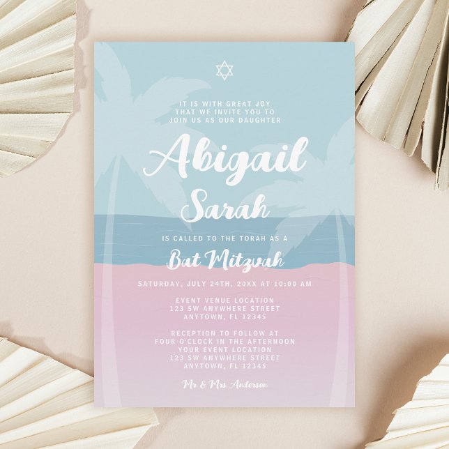 Pink Blue Tropical Beach Palm Trees Bat Mitzvah Invitation (Creator Uploaded)