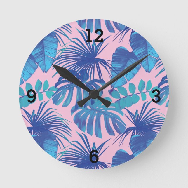 Pink Blue Tropical Palm Leaf Round Clock (Front)