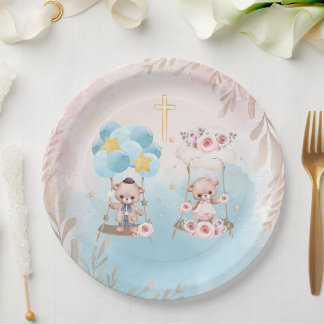 Pink & Blue Twin Teddy Bears on Swing Gold Cross Paper Plate