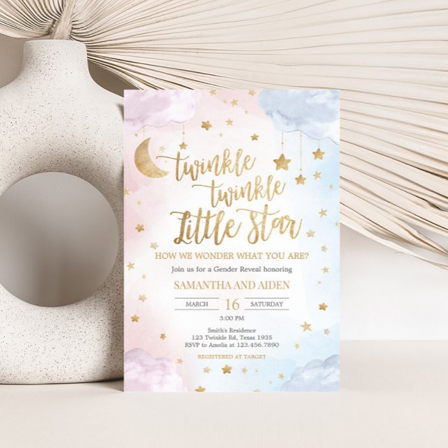 Pink Blue Twinkle Little Star Gender Reveal Invitation (Twinkle Little Star Gender Reveal Invitation)