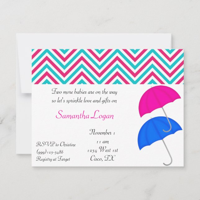 Pink & Blue Twins Umbrella Sprinkle Invitation (Front)