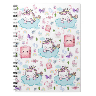Pink, Blue Unicorn Rainbow Cat Spiral Notebook