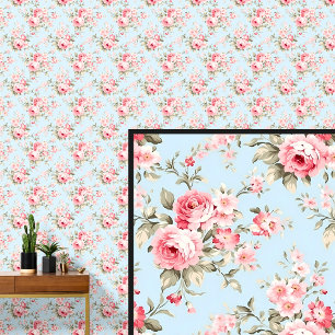 Pink Blue Vintage Rose Floral Shabby Chic Wallpaper