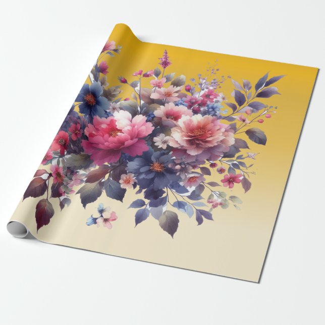 Pink Blue  Watercolor Abstract Flowers Gold Wrapping Paper (Unrolled)