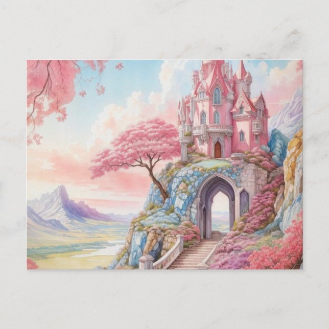Pink Blue Watercolor Fantasy Castle  Postcard (Front)