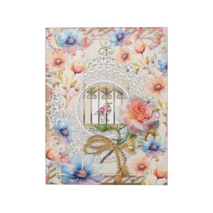 Pink Blue Watercolor Floral Bird Cage Elegant Lace Notepad