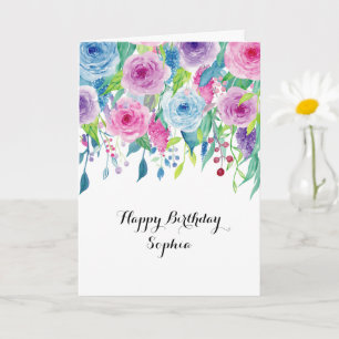 Pink Blue Watercolor Floral Birthday Card