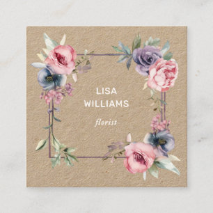 Pink Blue Watercolor Floral Frame Rustic Square Business Card