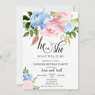 Pink Blue Watercolor Floral Gender Reveal Party Invitation