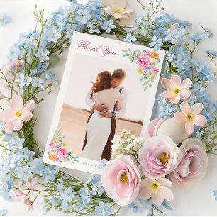 Pink & Blue Watercolor Floral Romantic Wedding Thank You Card