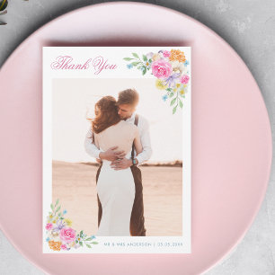 Pink & Blue Watercolor Floral Romantic Wedding Thank You Card