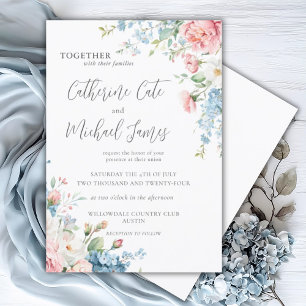 Pink & Blue Watercolor Floral Wedding Invitation