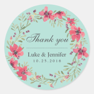 Pink Blue Watercolor Floral Wreath Wedding Sticker