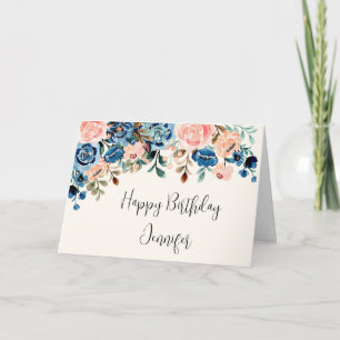 Pink & Blue Watercolor Flowers Birthday Card