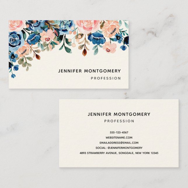 Pink & Blue Watercolor Flowers Business Card (Front/Back)