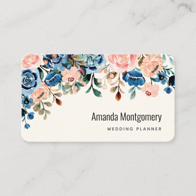  Pink & Blue Watercolor Flowers Business Card (Front)