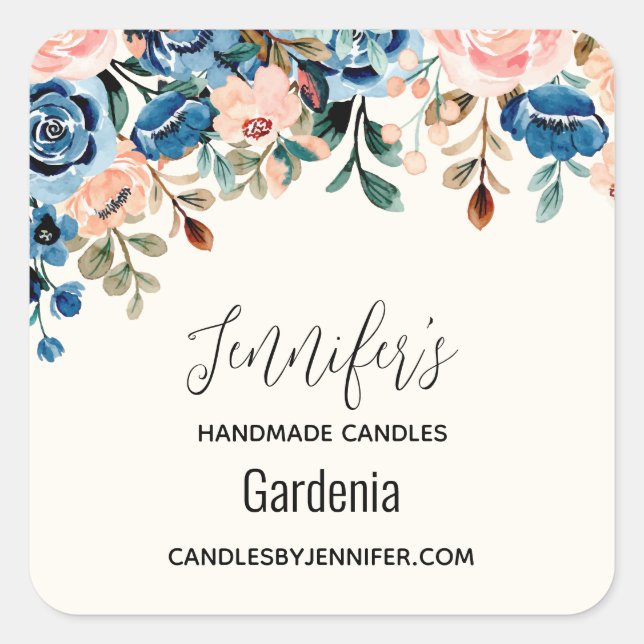 Pink & Blue Watercolor Flowers Candle Business Square Sticker (Front)