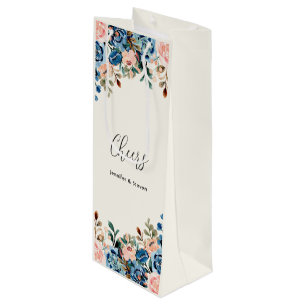Pink & Blue Watercolor Flowers Cheers! Wine Gift Bag