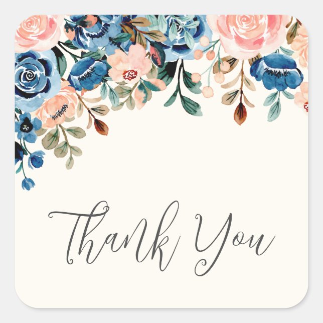 Pink & Blue Watercolor Flowers Thank You Square Sticker (Front)