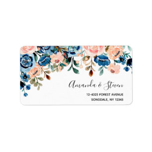 Pink & Blue Watercolor Flowers Wedding Label