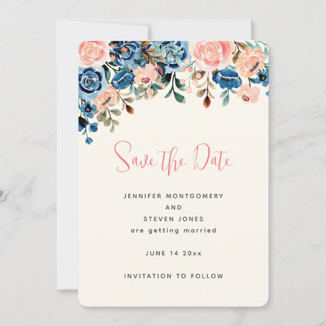 Pink & Blue Watercolor Flowers Wedding Save The Date (Front)