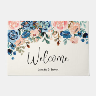 Pink & Blue Watercolor Flowers Welcome Doormat