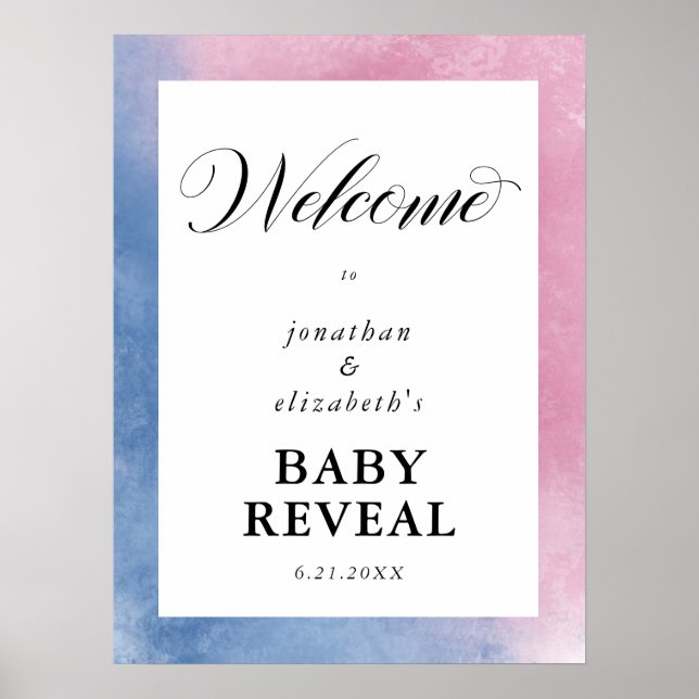 Pink & Blue Watercolor Gender Reveal Welcome Poster (Front)