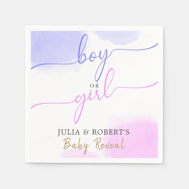 Pink & Blue Watercolor Gold Script Gender Reveal Napkin (Front)
